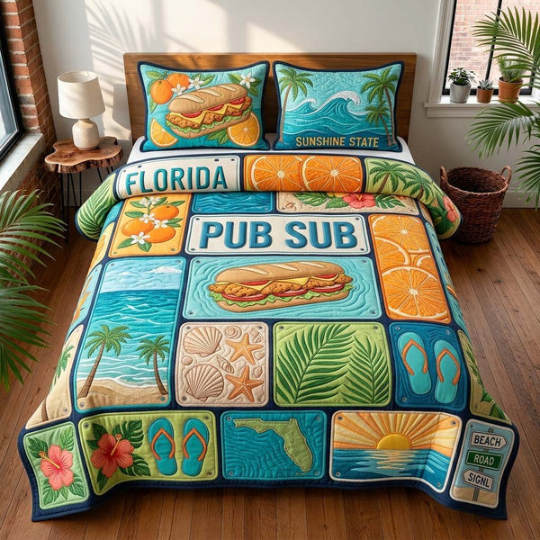 Sunshine Pub Sub quilted 3-piece bedding set on a made bed with two matching pillow shams