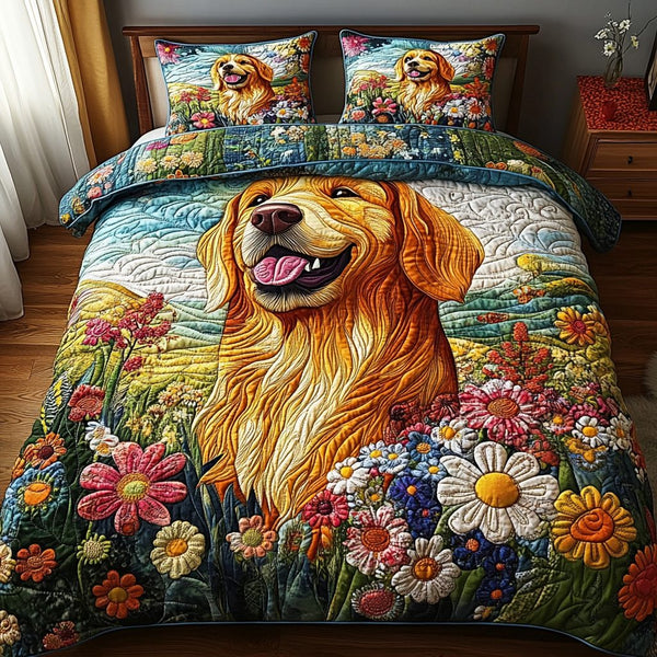 Sunshine Retriever quilted 3-piece bedding set on a made bed with two matching pillow shams