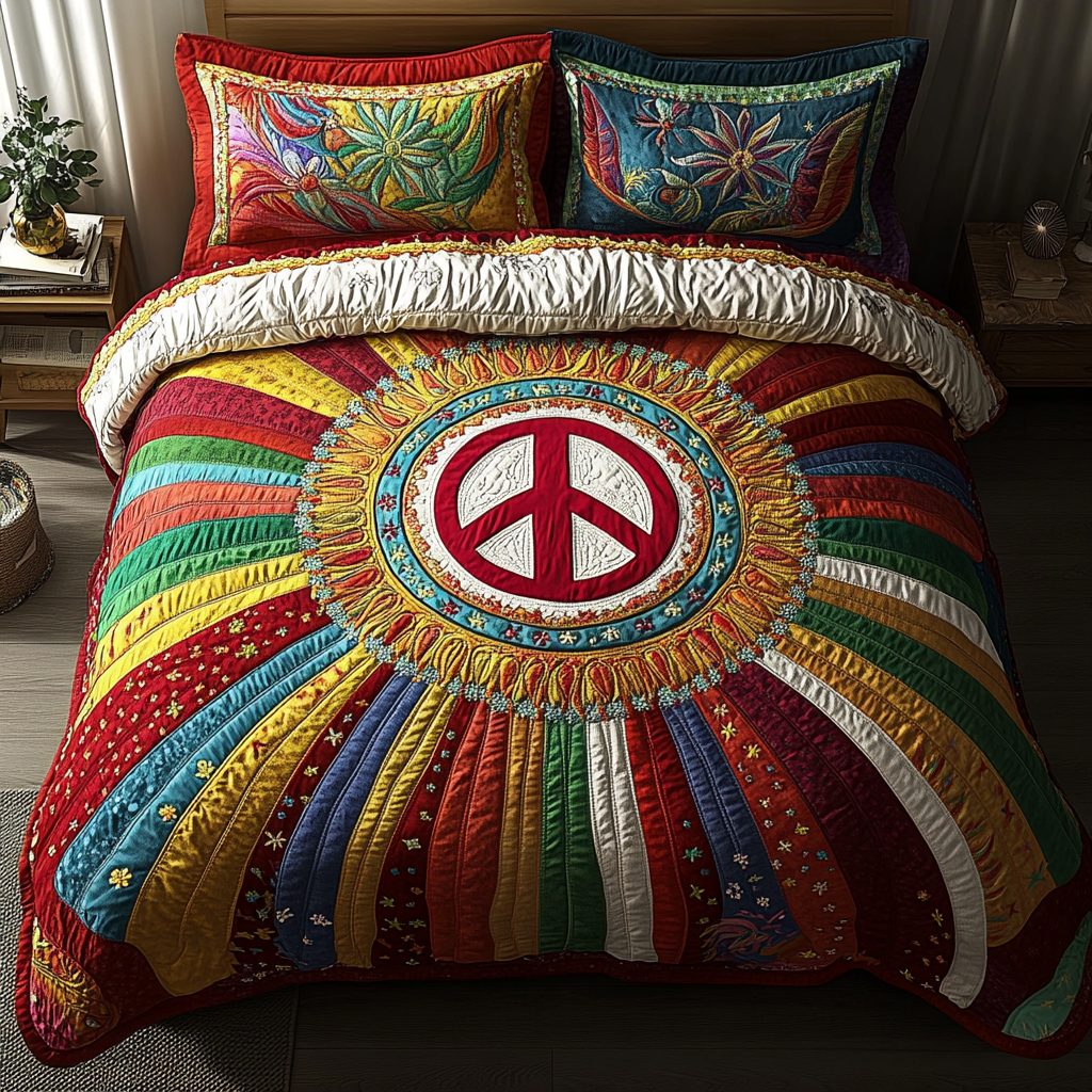 Sunshine Serenity quilted 3-piece bedding set on a made bed with two matching pillow shams