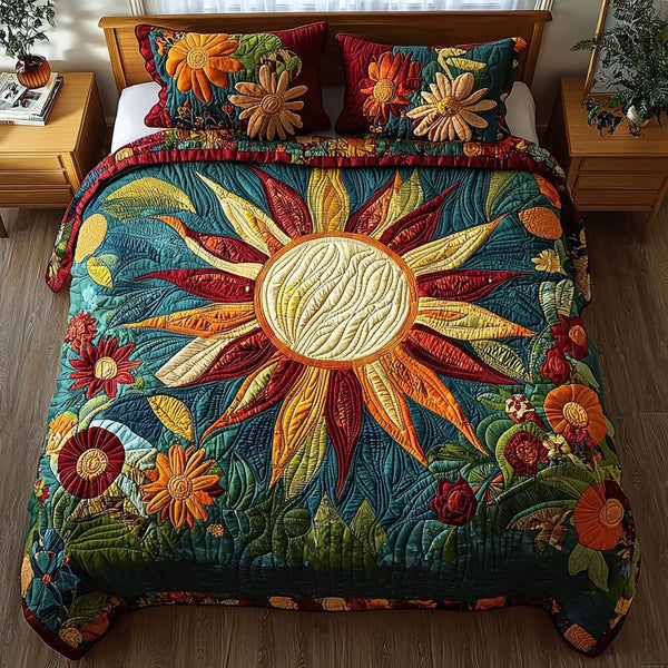 Sunshine Soul quilted 3-piece bedding set on a made bed with two matching pillow shams