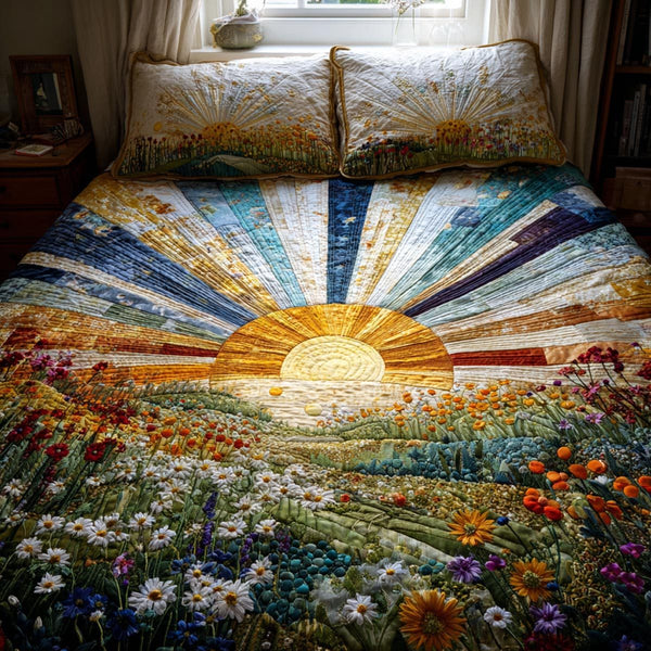 Sunshine Soul quilted 3-piece bedding set on a made bed with two matching pillow shams