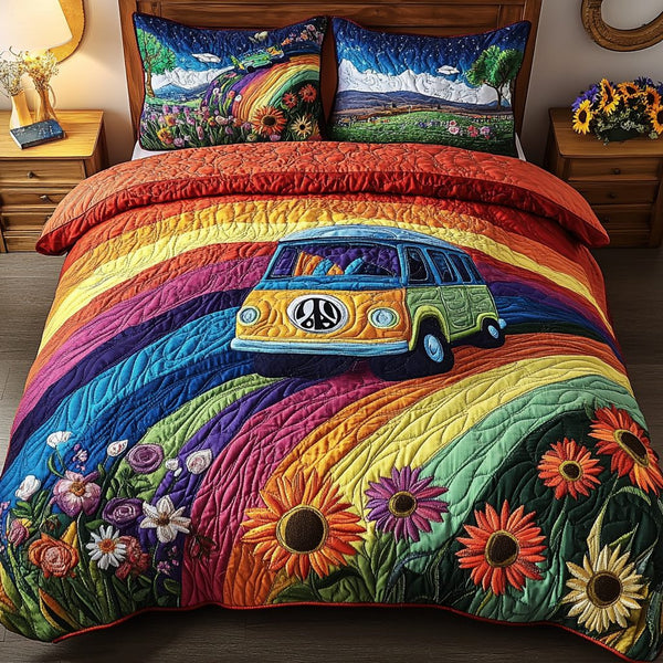 Sunshine Soul quilted 3-piece bedding set on a made bed with two matching pillow shams