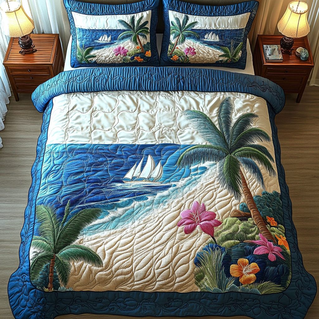 Surf and Sand quilted 3-piece bedding set on a made bed in a light coastal bedroom
