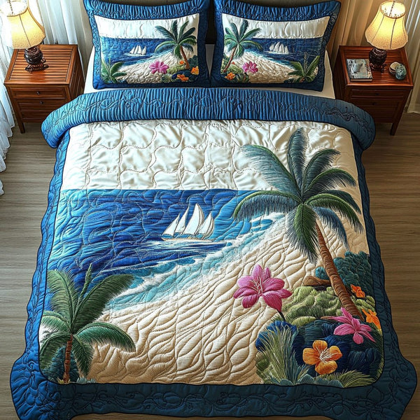 Surf and Sand quilted 3-piece bedding set on a made bed in a light coastal bedroom