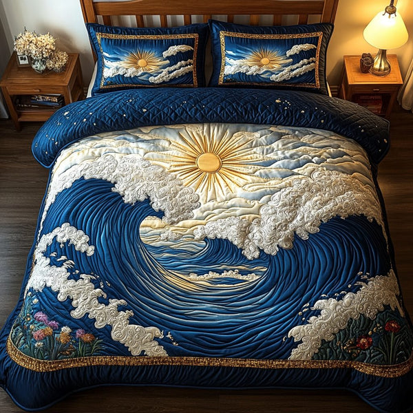Surf Bloom quilted 3-piece bedding set on a made bed in a light coastal bedroom