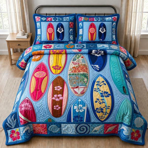 Surf Boards quilted 3-piece bedding set on a made bed in a light coastal bedroom