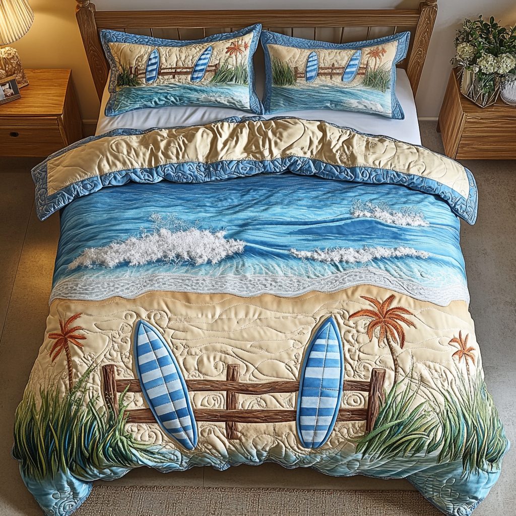 Surf Haven quilted 3-piece bedding set on a made bed in a light coastal bedroom