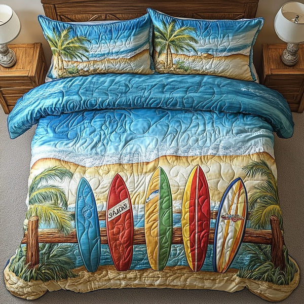 Surf Paradise quilted 3-piece bedding set on a made bed in a light coastal bedroom