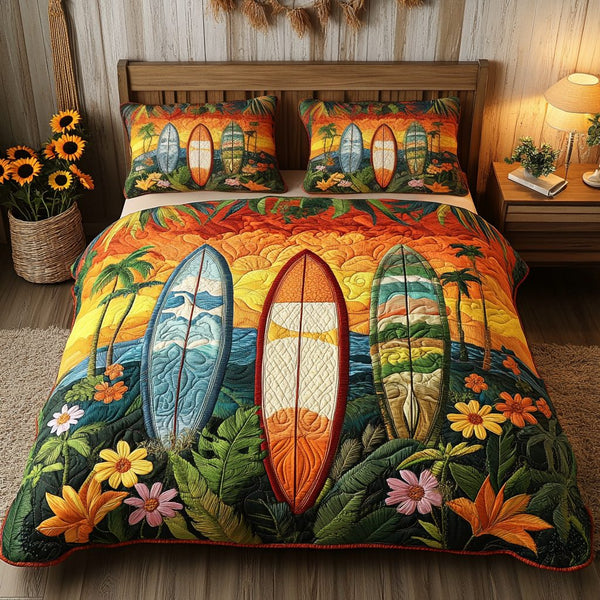 Surf Paradise quilted 3-piece bedding set on a made bed in a light coastal bedroom