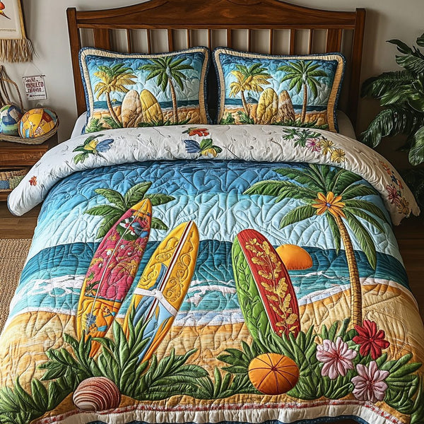 Surf Paradise quilted 3-piece bedding set on a made bed in a light coastal bedroom