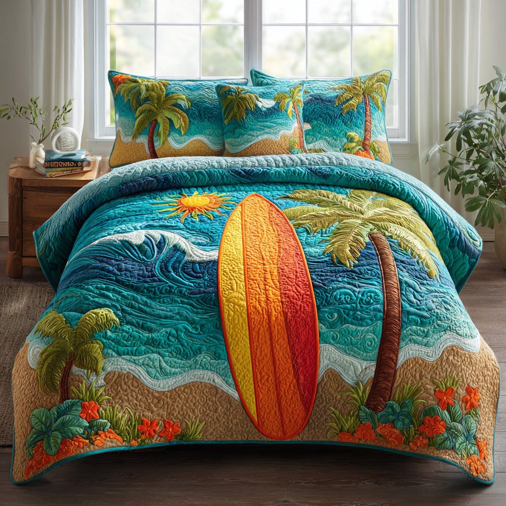 Surf Spirit quilted 3-piece bedding set on a made bed in a light coastal bedroom