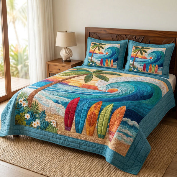 Surf Up quilted 3-piece bedding set on a made bed in a light coastal bedroom