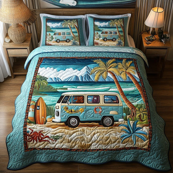 Surf Van Vibes quilted 3-piece bedding set on a made bed in a light coastal bedroom