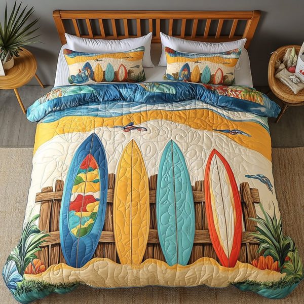 Surfboard Bliss quilted 3-piece bedding set on a made bed with two matching pillow shams