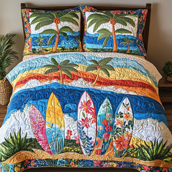Surfboard Dreams quilted 3-piece bedding set on a made bed with two matching pillow shams