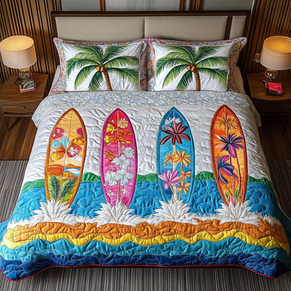 Surfboard Horizon quilted 3-piece bedding set on a made bed with two matching pillow shams