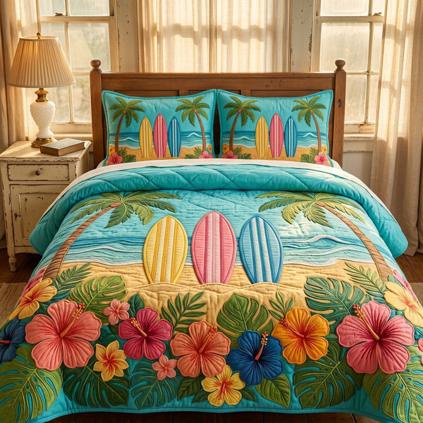 Surfboard Paradise quilted 3-piece bedding set on a made bed with two matching pillow shams