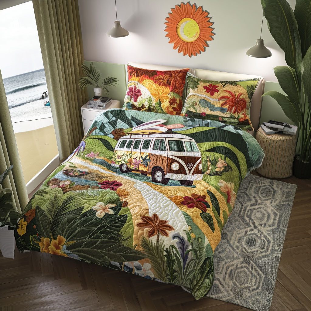 Surfboard Sunrise quilted 3-piece bedding set on a made bed with two matching pillow shams