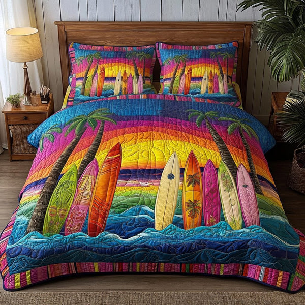 Surfboard Sunset quilted 3-piece bedding set on a made bed with two matching pillow shams