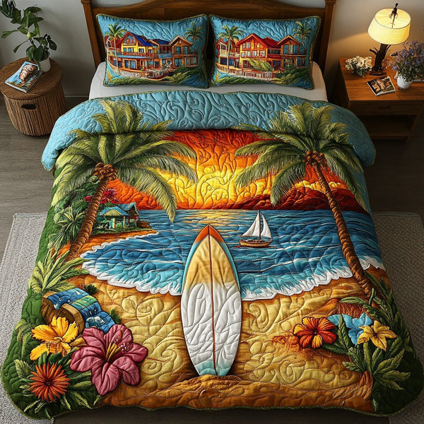 Surfboard Waves quilted 3-piece bedding set on a made bed in a light coastal bedroom