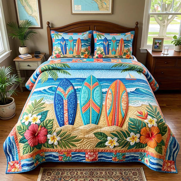 Surfboards Beach quilted 3-piece bedding set on a made bed in a light coastal bedroom