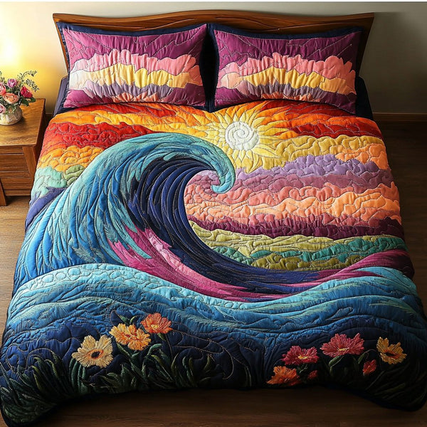 Surfer Dream quilted 3-piece bedding set on a made bed with two matching pillow shams