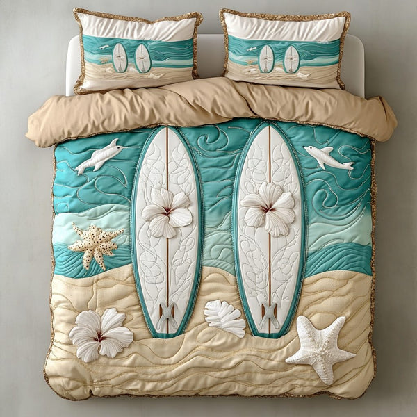 Surfer Paradise quilted 3-piece bedding set on a made bed with two matching pillow shams