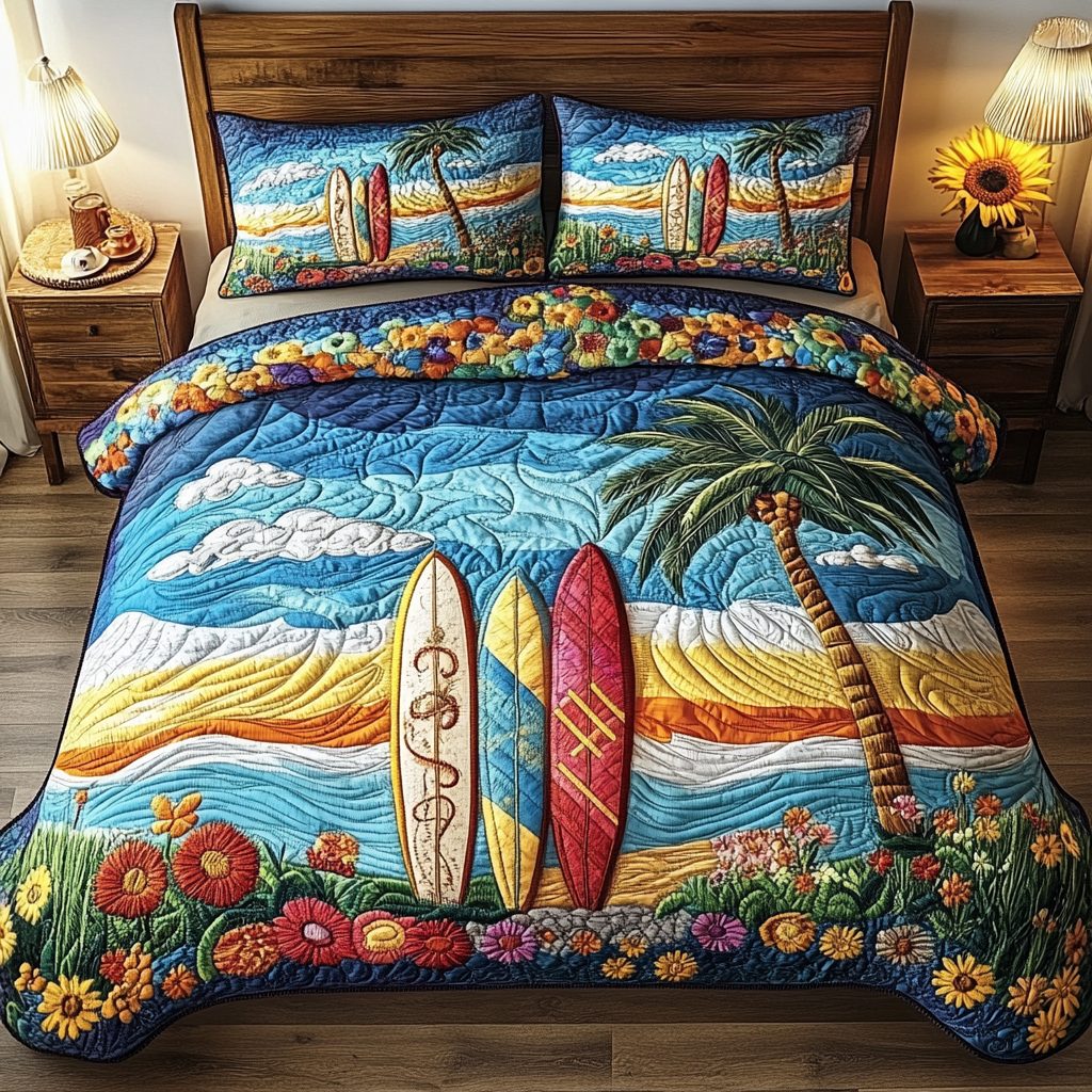 Surfing Sunshine quilted 3-piece bedding set on a made bed with two matching pillow shams