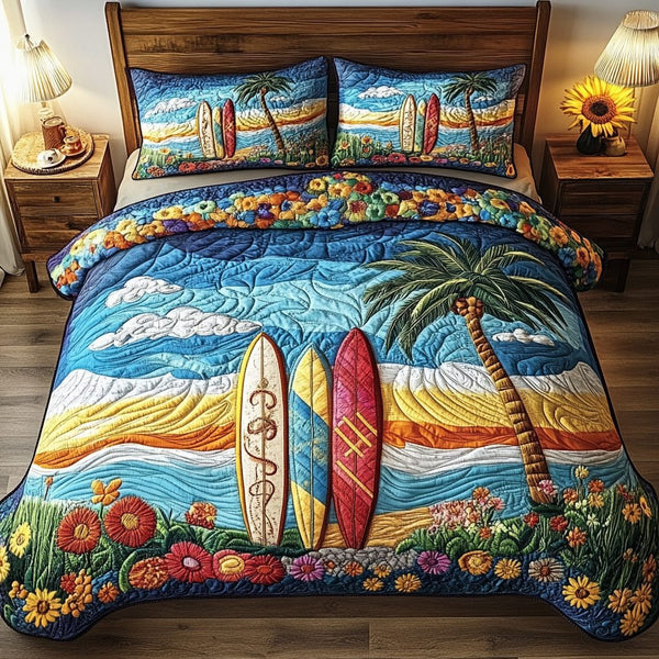 Surfing Sunshine quilted 3-piece bedding set on a made bed with two matching pillow shams