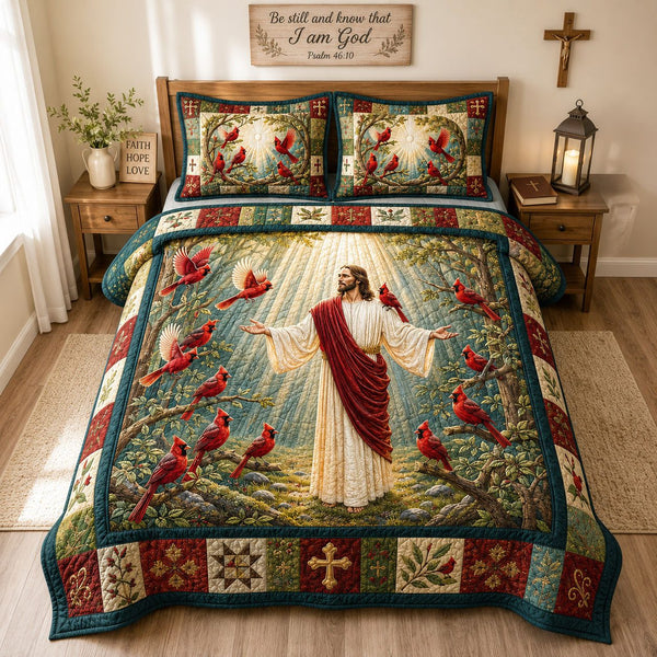 Surrounded By His Grace quilted 3-piece bedding set on a made bed with two matching pillow shams
