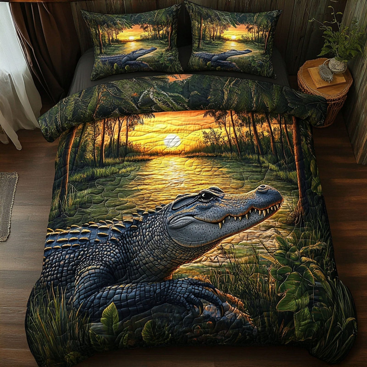 Swamp King quilted 3-piece bedding set on a made bed with two matching pillow shams