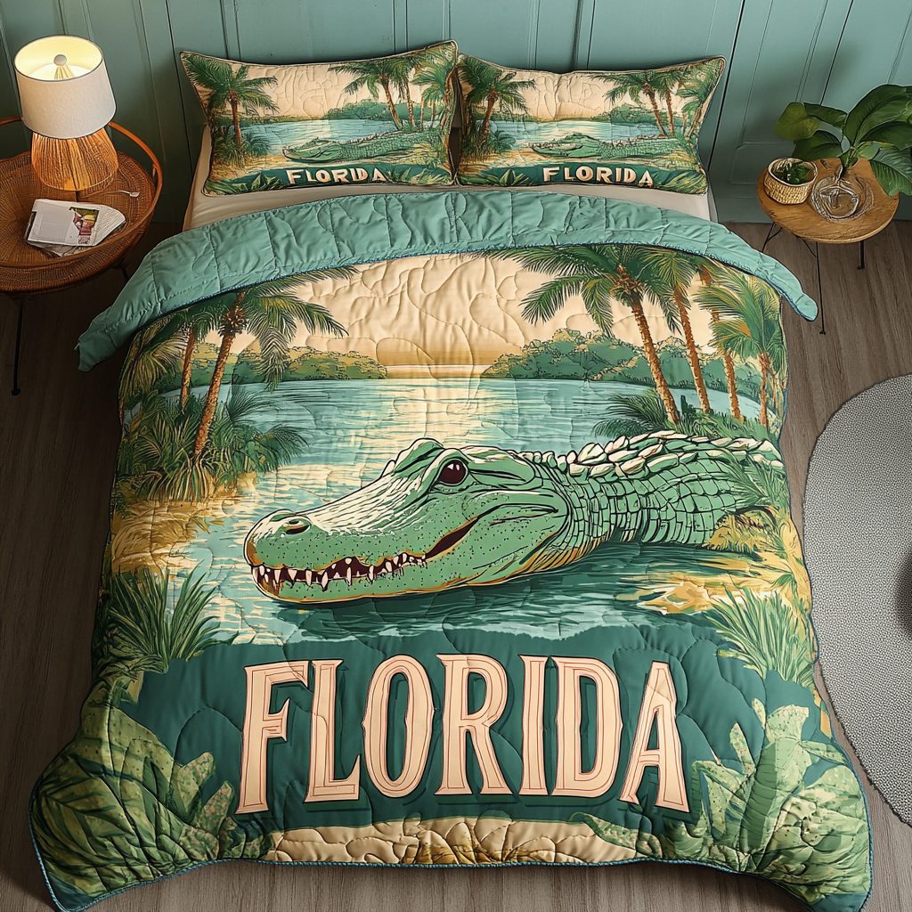 Swamp King quilted 3-piece bedding set on a made bed with two matching pillow shams