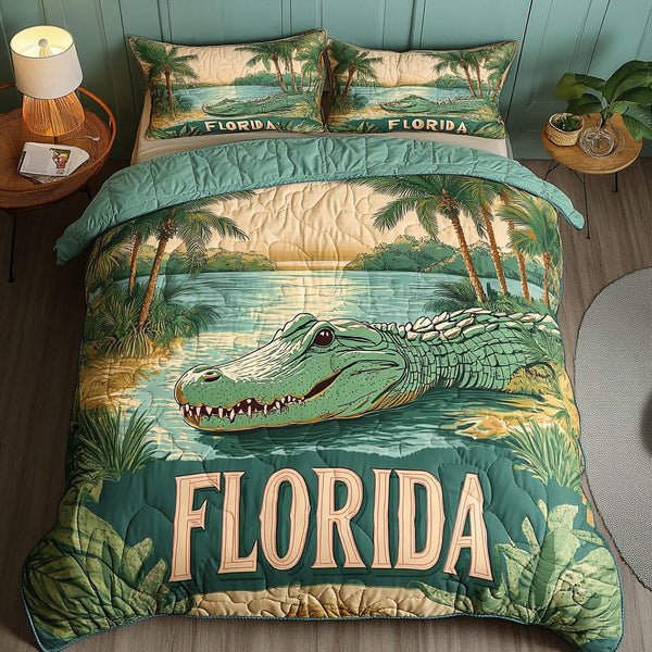 Swamp King quilted 3-piece bedding set on a made bed with two matching pillow shams