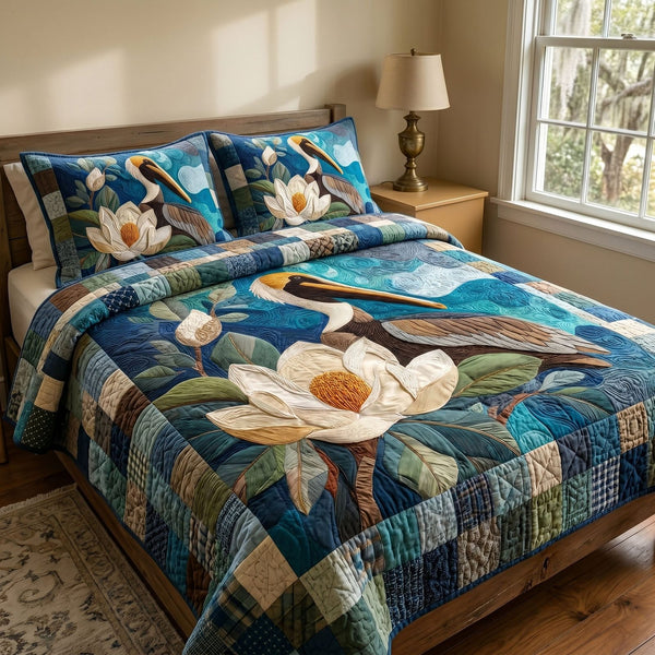 Swamp Life quilted 3-piece bedding set on a made bed with two matching pillow shams