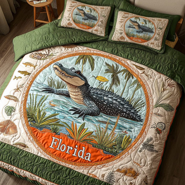 Swamp Retreat quilted 3-piece bedding set on a made bed with two matching pillow shams
