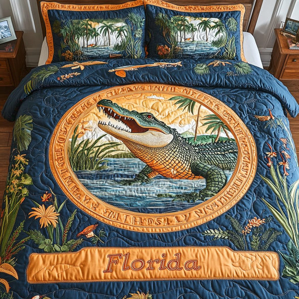 Swamp Serenity quilted 3-piece bedding set on a made bed with two matching pillow shams