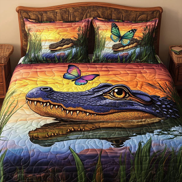 Swamp Shadows quilted 3-piece bedding set on a made bed with two matching pillow shams