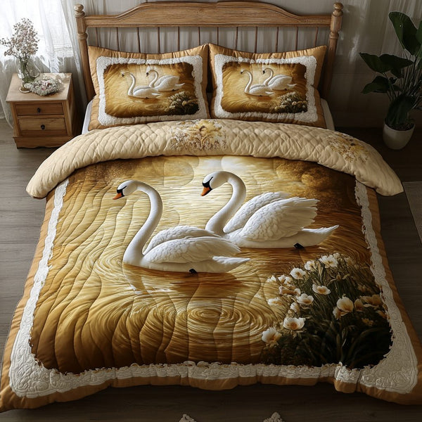 Swan Harmony quilted 3-piece bedding set on a made bed with two matching pillow shams