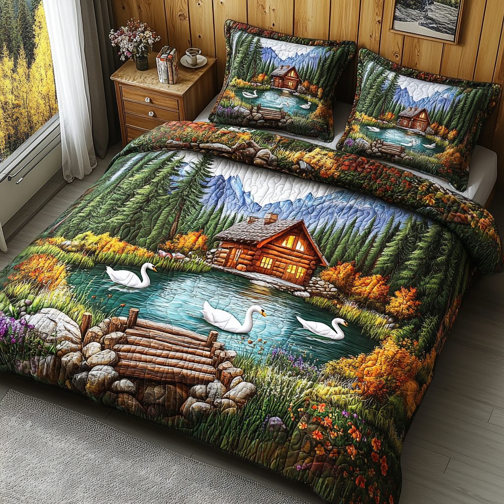 Swan Lake Escape quilted 3-piece bedding set on a made bed with two matching pillow shams