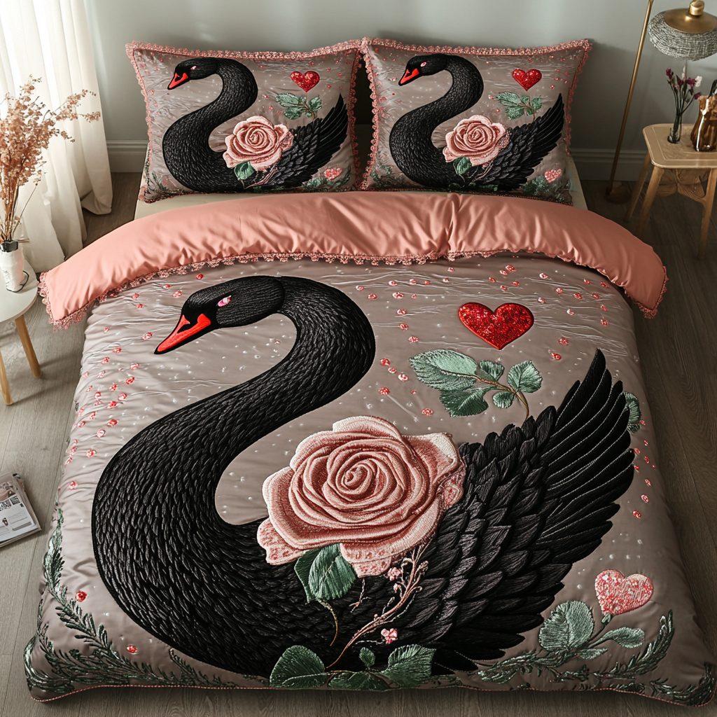 Swan Serenade quilted 3-piece bedding set on a made bed with two matching pillow shams