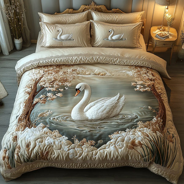 Swan Serenity quilted 3-piece bedding set on a made bed with two matching pillow shams