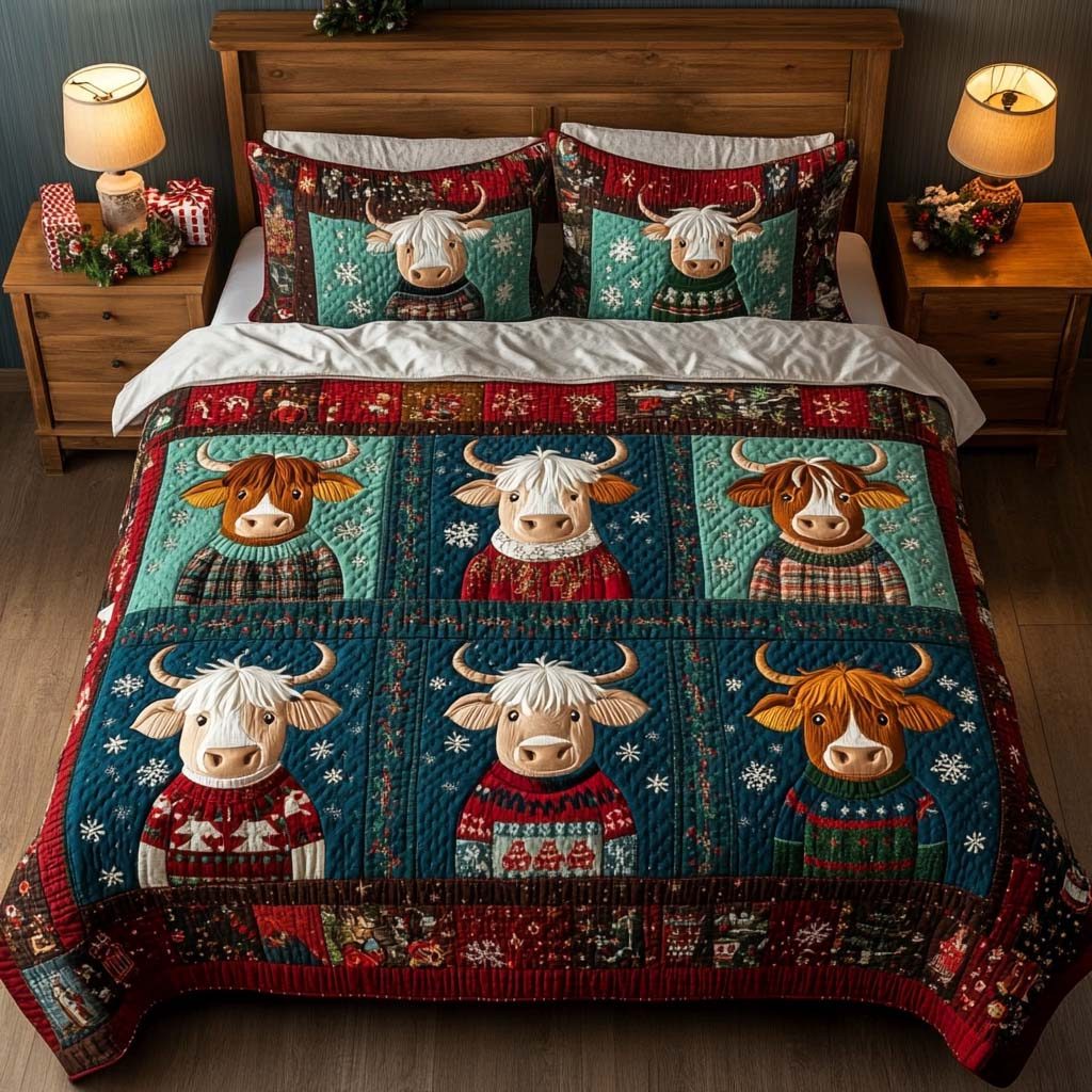 Sweater Season quilted 3-piece bedding set on a made bed with two matching pillow shams