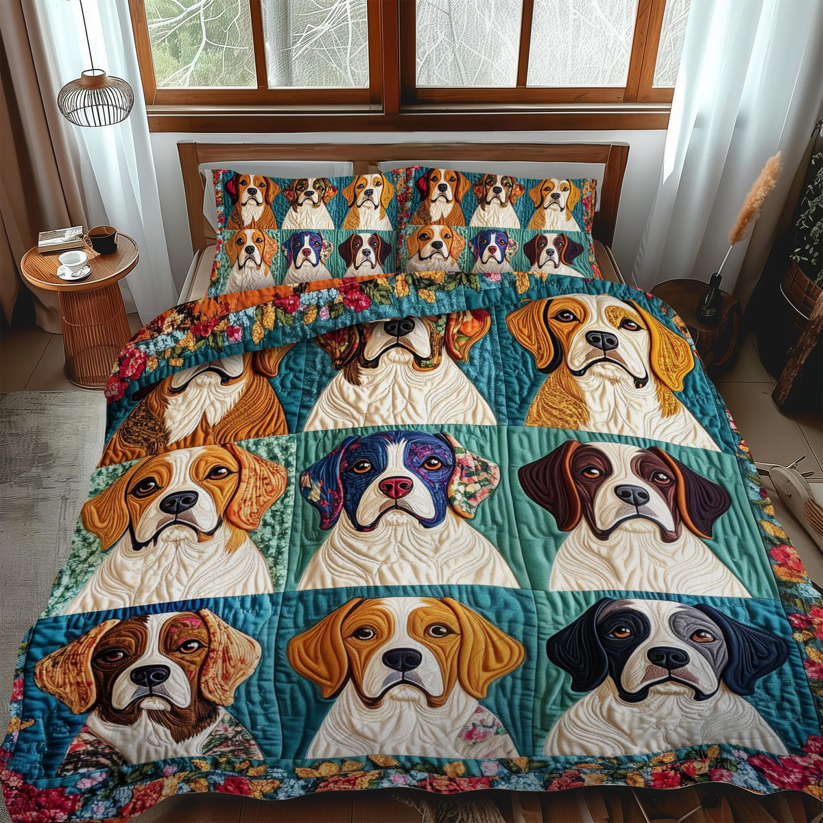 Sweet Beagle quilted 3-piece bedding set on a made bed with two matching pillow shams