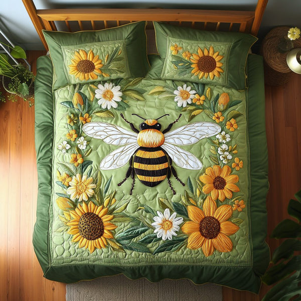 Sweet Bee Dreams quilted 3-piece bedding set on a made bed with two matching pillow shams
