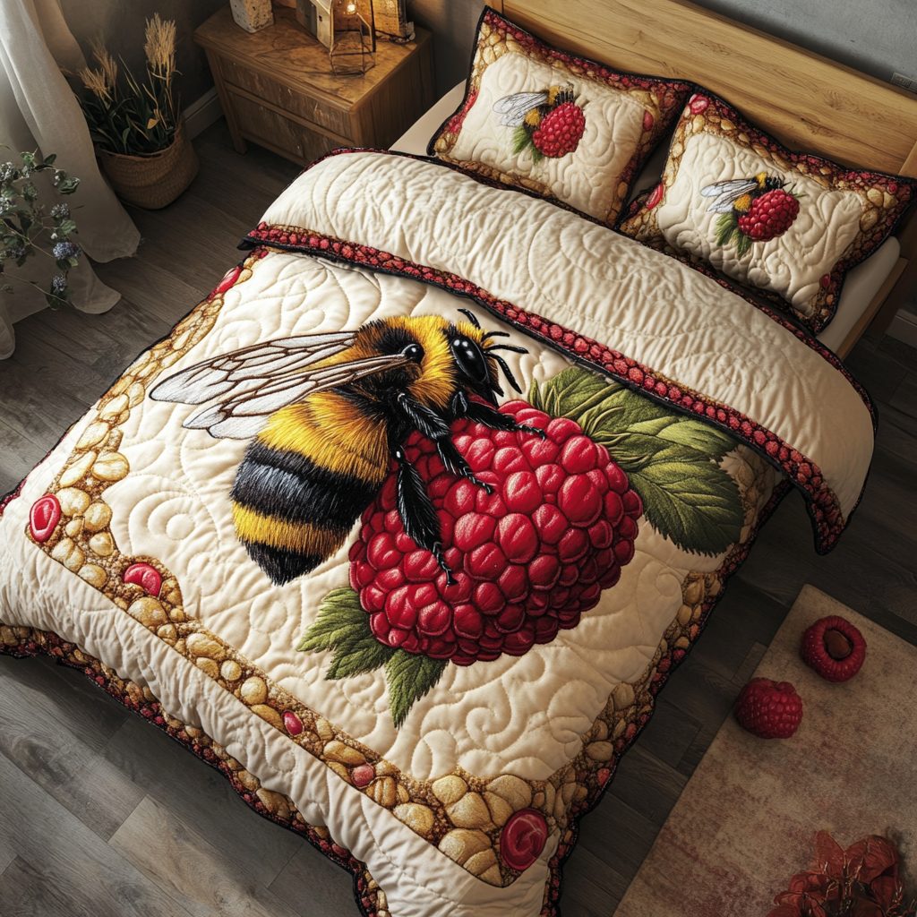 Sweet Bee quilted 3-piece bedding set on a made bed with two matching pillow shams