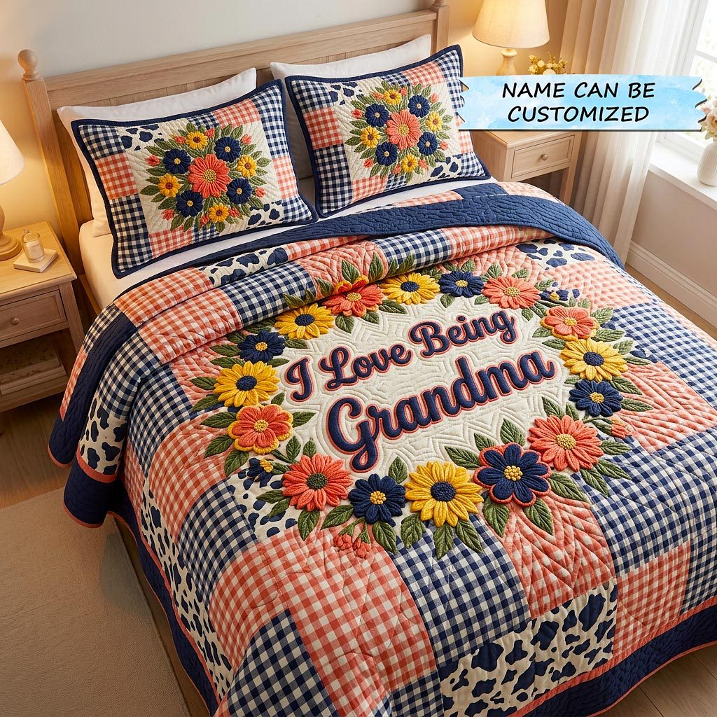 Sweet Bloom 3-Piece Quilted Bedding Set QTCUZ - Design 3 quilted 3-piece bedding set on a made bed with two matching pillow shams