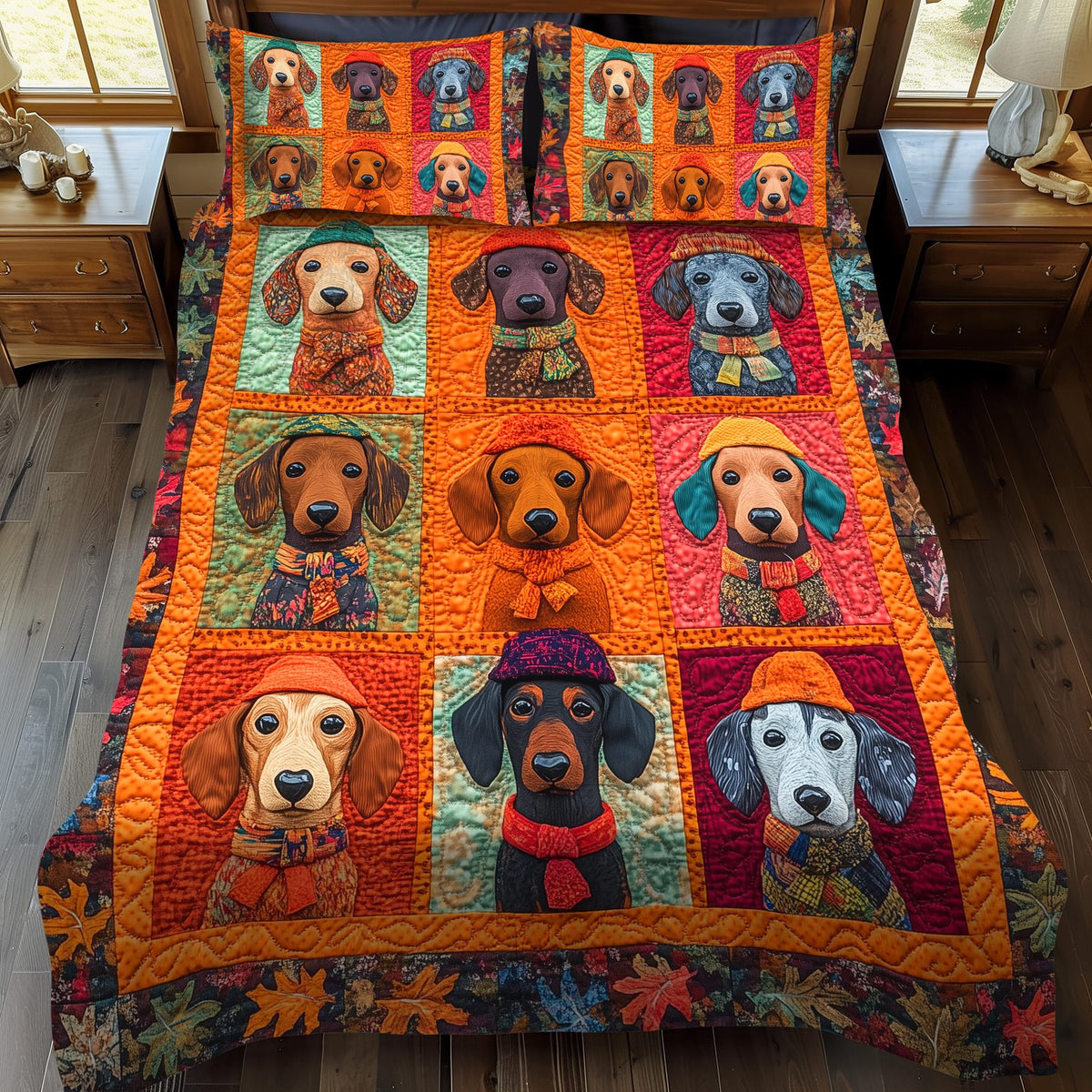 Sweet Dachshund quilted 3-piece bedding set on a made bed with two matching pillow shams