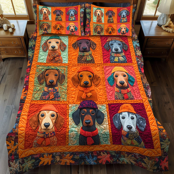 Sweet Dachshund quilted 3-piece bedding set on a made bed with two matching pillow shams