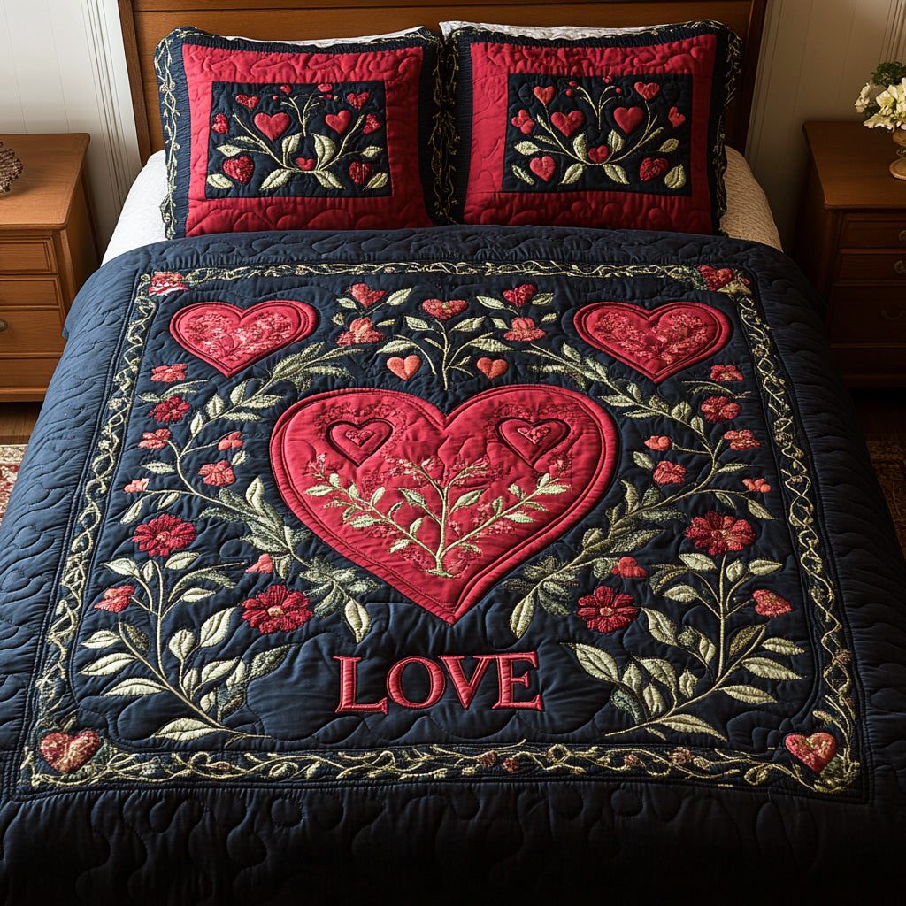 Sweet Ember quilted 3-piece bedding set on a made bed with two matching pillow shams