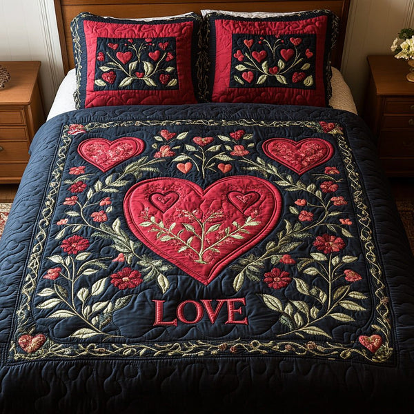 Sweet Ember quilted 3-piece bedding set on a made bed with two matching pillow shams